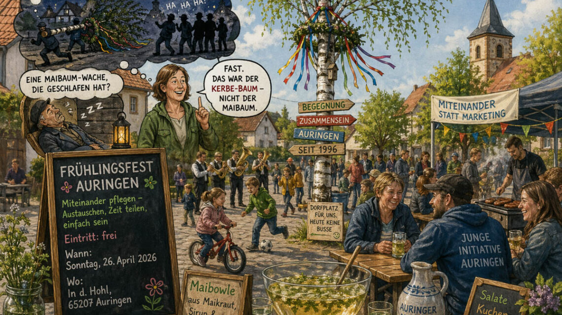 Frühlingsfest in Auringen: Wo einst über Maibaumklau gesprochen wurde, zählt heute vor allem eines – gemeinsames Feiern auf dem Dorfplatz.