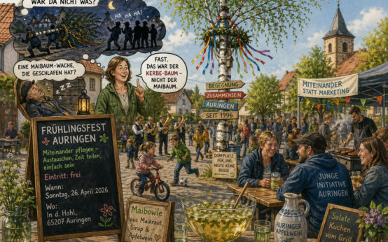 Frühlingsfest in Auringen: Wo einst über Maibaumklau gesprochen wurde, zählt heute vor allem eines – gemeinsames Feiern auf dem Dorfplatz.