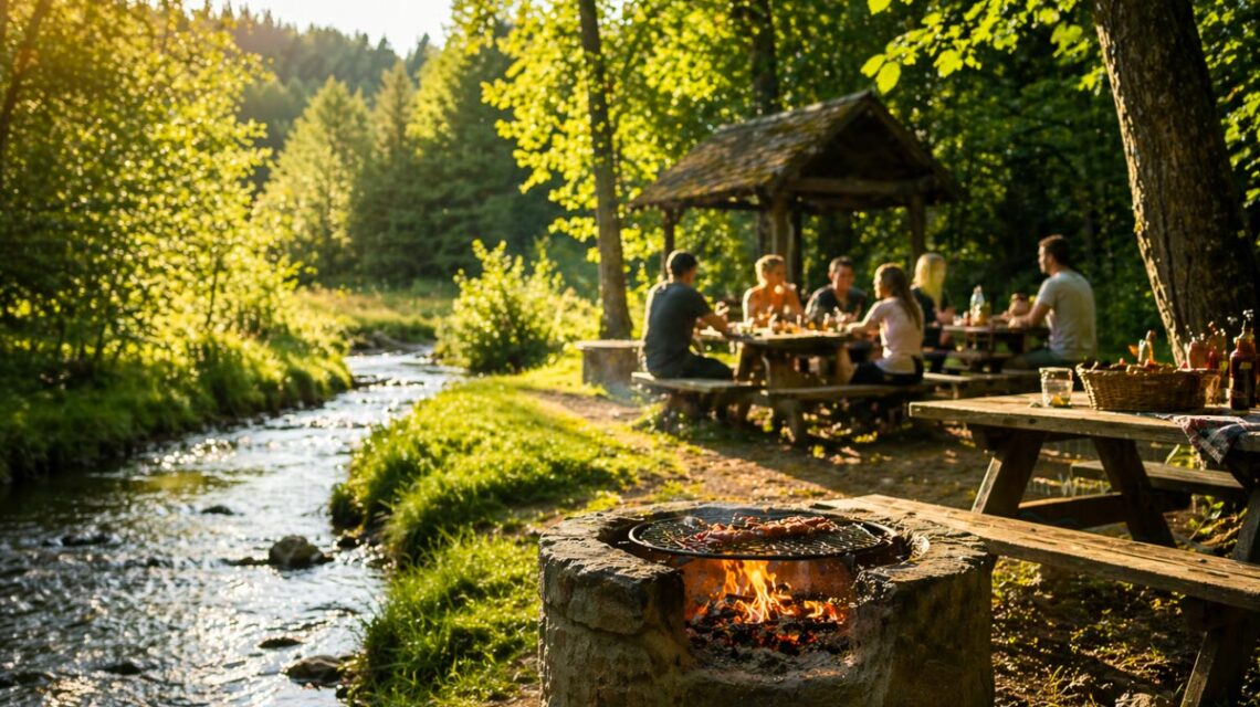 Symbolbild, Grillplatz an einem Bach. Im Hintergrund sitzen Personen.