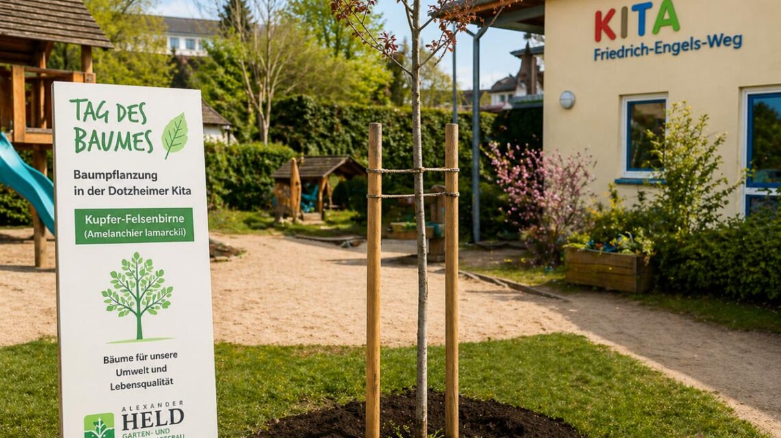 Gemeinsam gepflanzt: Eine Kupfer-Felsenbirne bereichert jetzt das Außengelände der Kita Friedrich-Engels-Weg.