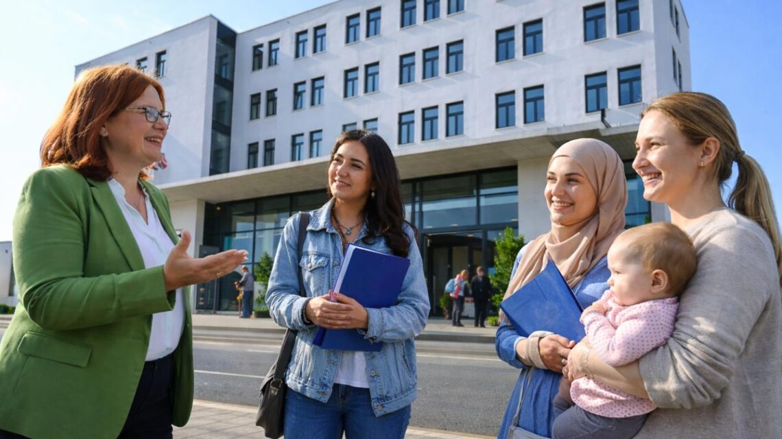 Im Hintergrund ist das Kommunales Jobcenter. Davor tauschen sich Frauen aus.
