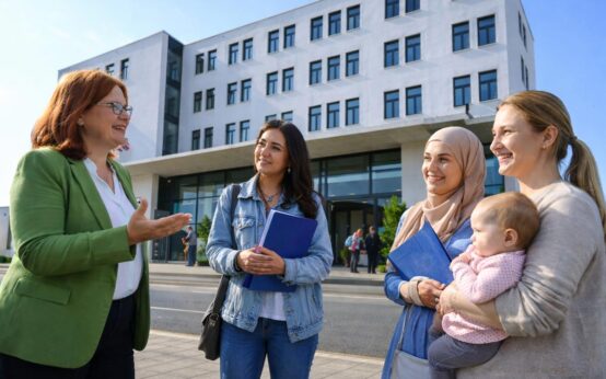 Im Hintergrund ist das Kommunales Jobcenter. Davor tauschen sich Frauen aus.