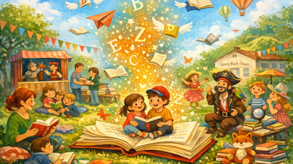 Lesende Eltern, lesende Kinder, Bücher - ein buntes Wimmelbild das zum Entdecken einlädt.