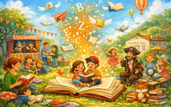 Lesende Eltern, lesende Kinder, Bücher - ein buntes Wimmelbild das zum Entdecken einlädt.