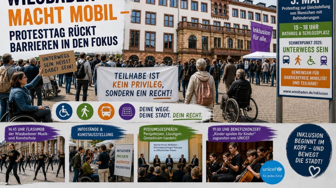 Vor dem Wiesbadener Rathaus diskutieren Bürger und Experten über barrierefreie Wege und echte Teilhabe im Alltag.