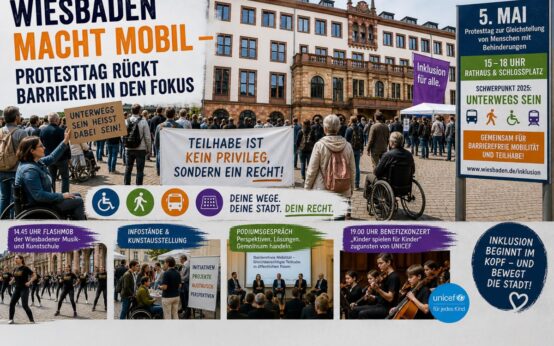 Vor dem Wiesbadener Rathaus diskutieren Bürger und Experten über barrierefreie Wege und echte Teilhabe im Alltag.