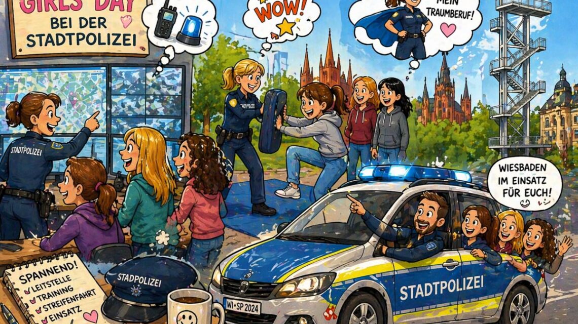 Beim Girls’Day erleben Teilnehmerinnen die Arbeit der Stadtpolizei Wiesbaden zwischen Leitstelle, Training und Streifendienst hautnah.