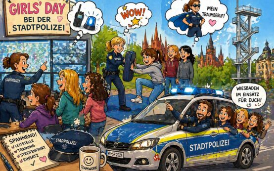 Beim Girls’Day erleben Teilnehmerinnen die Arbeit der Stadtpolizei Wiesbaden zwischen Leitstelle, Training und Streifendienst hautnah.
