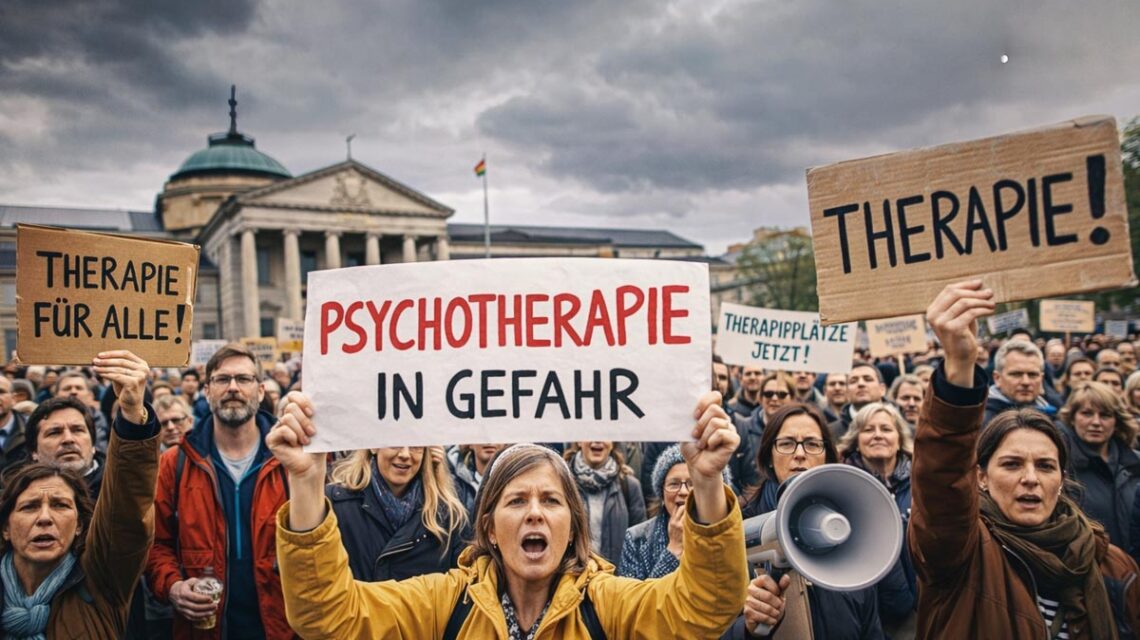 Protestierende fordern in Wiesbaden bessere Bedingungen für die psychotherapeutische Versorgung und ein Ende der Honorarkürzungen.