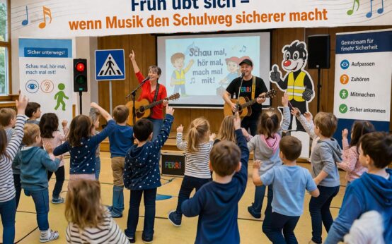 Kinder singen, tanzen und lernen dabei spielerisch, sich sicher im Straßenverkehr zu bewegen.