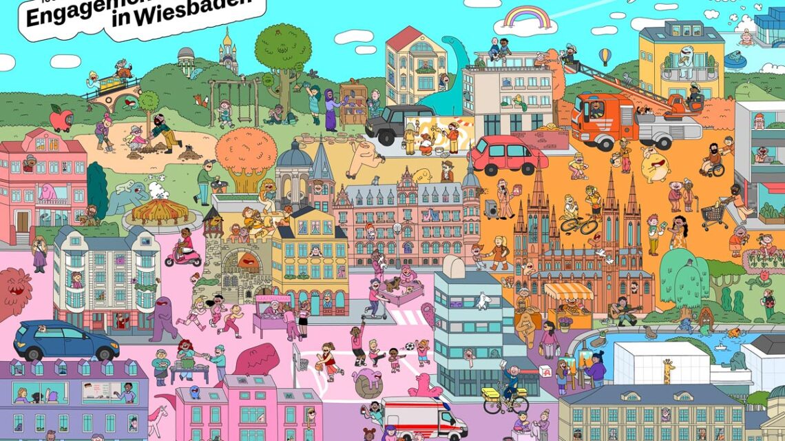 Im Wimmelbild wird Wiesbaden zur Bühne: Zwischen kleinen Szenen entfaltet sich großes Engagement.