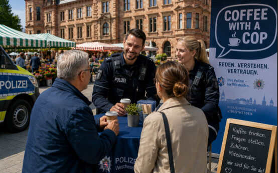 Bei „Coffee with a Cop“ sucht die Polizei auf dem Wiesbadener Schlossplatz das direkte Gespräch mit Bürgern.