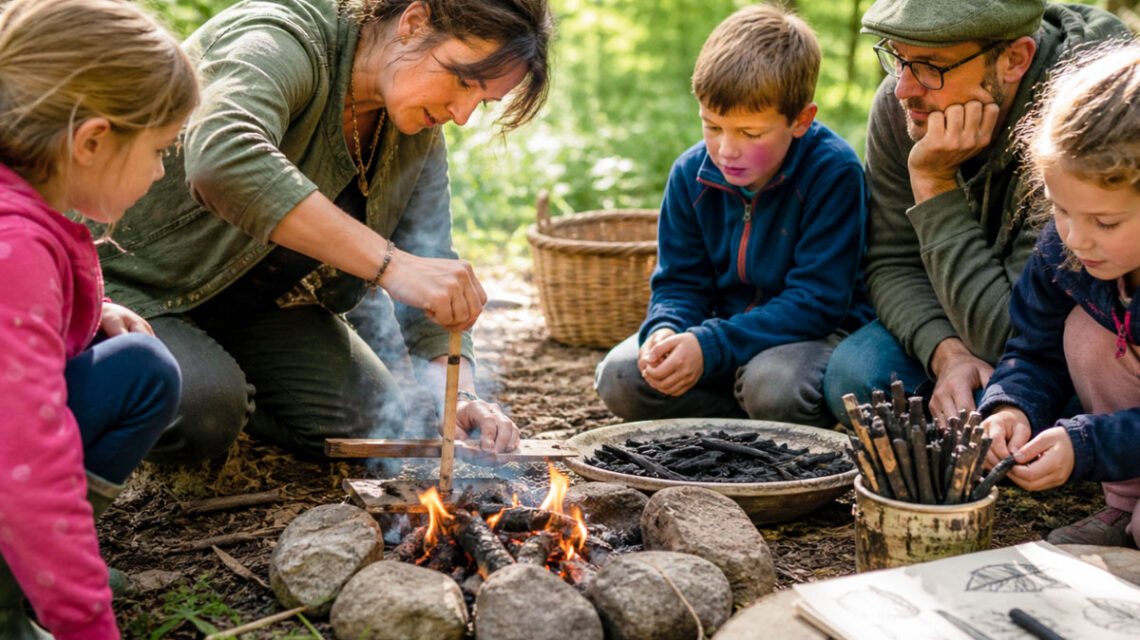 Feuer machen in der Fasanerie: Familien erleben Natur, Handwerk und Kreativität beim Funken schlagen.