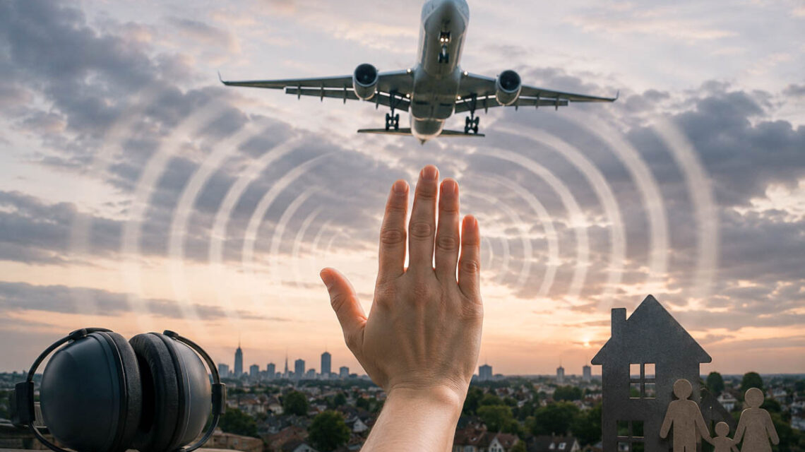 Startendes Flugzeug mit deutlichen Schallwellen, eine Hand sagt Stopp. Daneben liegen Kopfhörer.