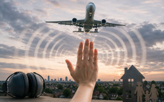 Startendes Flugzeug mit deutlichen Schallwellen, eine Hand sagt Stopp. Daneben liegen Kopfhörer.