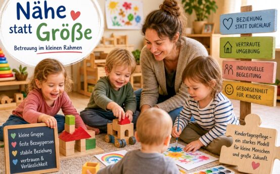 Klein, vertraut, individuell: In der Kindertagespflege wachsen Kinder in überschaubaren Gruppen auf und erleben Betreuung nah am Alltag.