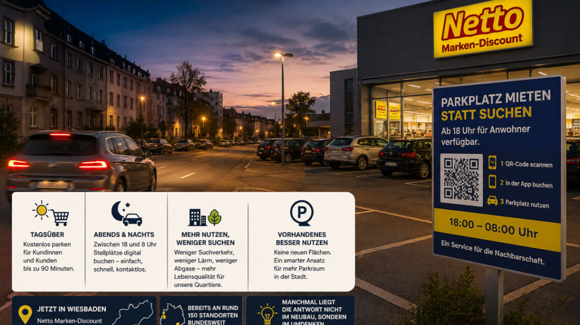 Abends frei, morgens wieder voll: Netto öffnet seine Parkplätze in Wiesbaden für Anwohner.
