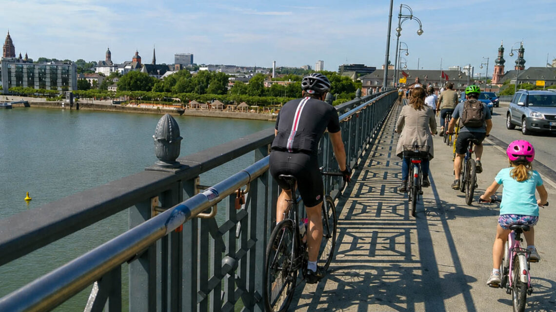 Fahgrradfahrer auf dem Weg von Mainz-Kastel in Richtung Mainz.