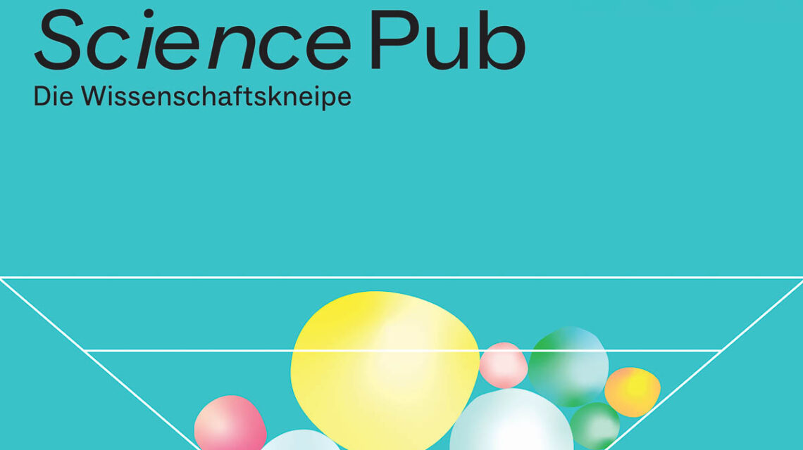 Grafik, Pyramide kopfstehend mit bunten Kugeln und der Aufschrift: Wissenschaftskneipe.