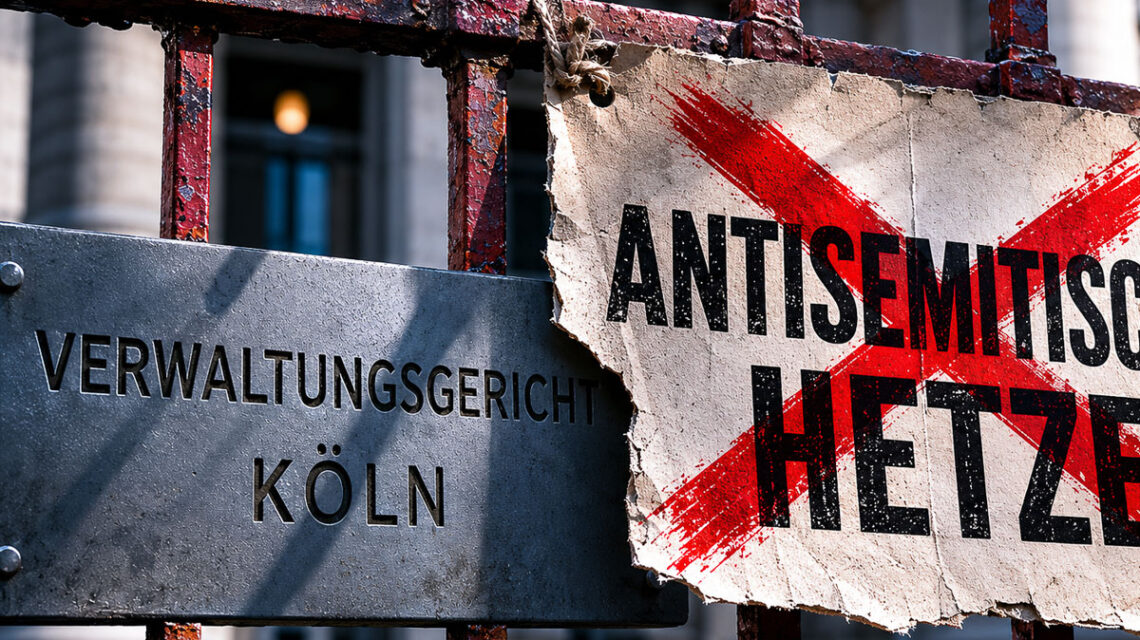Außenansicht Verwaltungsgericht Kön mit einem durchgestrichenem Schild.