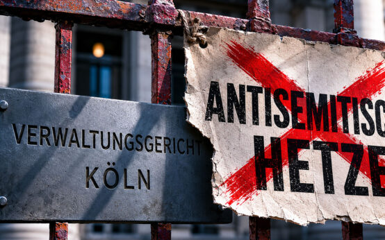 Außenansicht Verwaltungsgericht Kön mit einem durchgestrichenem Schild.