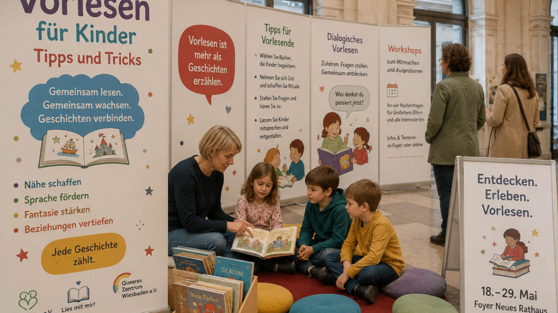 Zwischen Büchern und Ideen: Die Ausstellung im Neuen Rathaus zeigt, wie Vorlesen Kinder stärkt und Beziehungen wachsen lässt.
