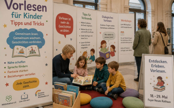 Zwischen Büchern und Ideen: Die Ausstellung im Neuen Rathaus zeigt, wie Vorlesen Kinder stärkt und Beziehungen wachsen lässt.