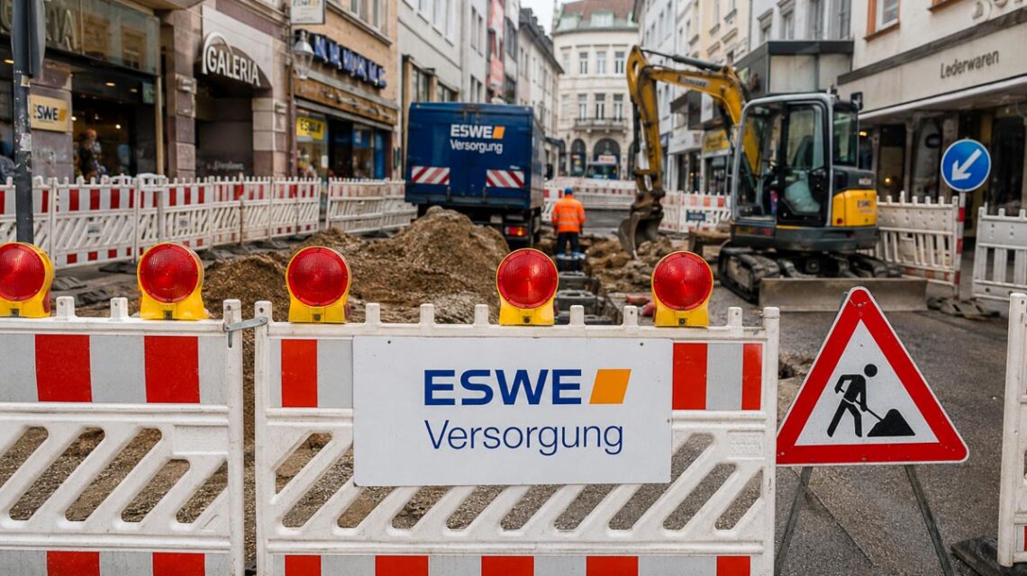 Nach dem Rohrbruch erneuert ESWE Versorgung in der Neugasse ein größeres Teilstück der Wasserleitung. Verkehrsbehinderungen bleiben vorerst bestehen.
