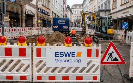 Nach dem Rohrbruch erneuert ESWE Versorgung in der Neugasse ein größeres Teilstück der Wasserleitung. Verkehrsbehinderungen bleiben vorerst bestehen.