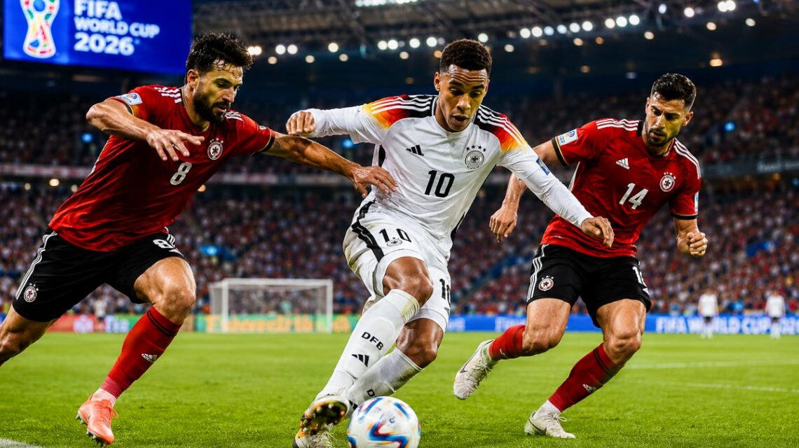 Jamal Musiala setzt sich an der Außenlinie gegen zwei Spieler durch.