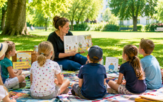 Kinder lauschen beim Lesungspicknick im Dürerpark den Geschichten von Autorin und Illustratorin Isabel Pin. Im Anschluss können sie selbst kreativ werden.