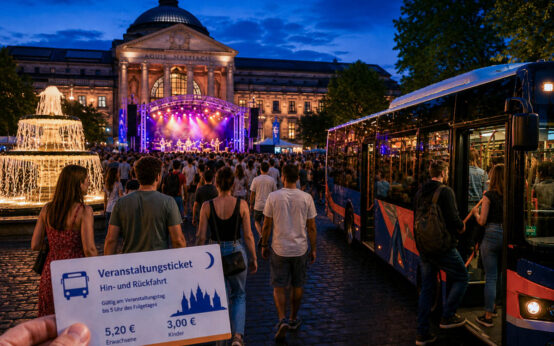Gelenkbusse und Nightliner bringen Besucher des Theatriums bequem und sicher durch die Nacht.