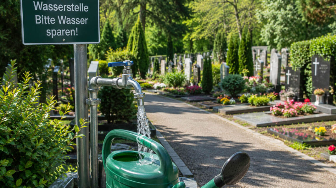 Wasserversorgung auf Friedhof iat wieder hergestellt. Bild zeigt Kanne die befüllt wird. Hinweis: Wasser sparen.