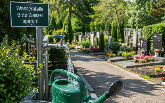 Wasserversorgung auf Friedhof iat wieder hergestellt. Bild zeigt Kanne die befüllt wird. Hinweis: Wasser sparen.