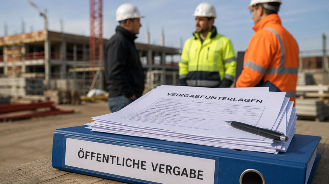 Personen auf einer Baustelle im Gespräch. Davor ein Tisch mit einem Ordner „Öffentliche vergabe"