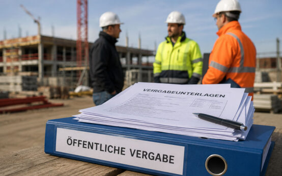 Personen auf einer Baustelle im Gespräch. Davor ein Tisch mit einem Ordner „Öffentliche vergabe"