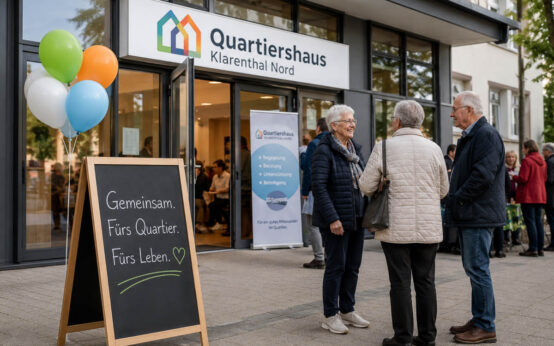 Vor dem Quartiershaus Klarenthal kommen Menschen ins Gespräch – Begegnung wird hier zum Alltag im Stadtteil.